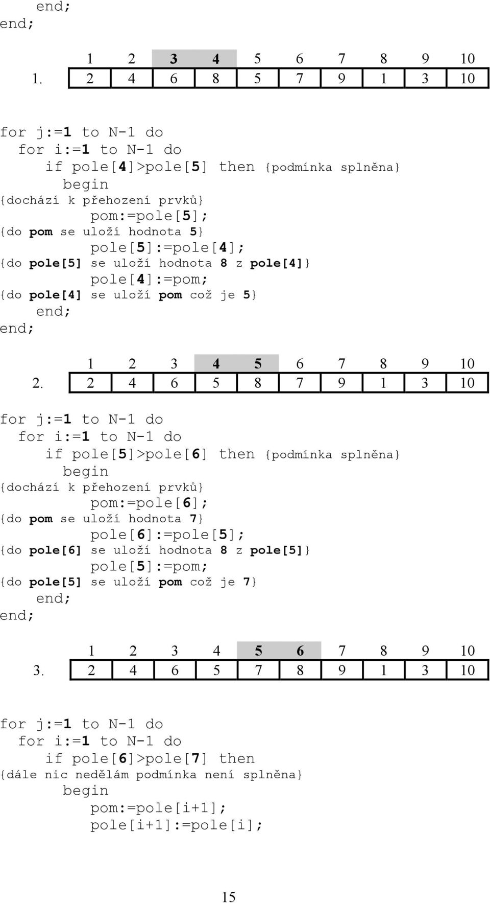 pole[5] se uloží hodnota 8 z pole[4]} pole[4]:=pom; {do pole[4] se uloží pom což je 5} 1 2 3 4 5 6 7 8 9 10 2.