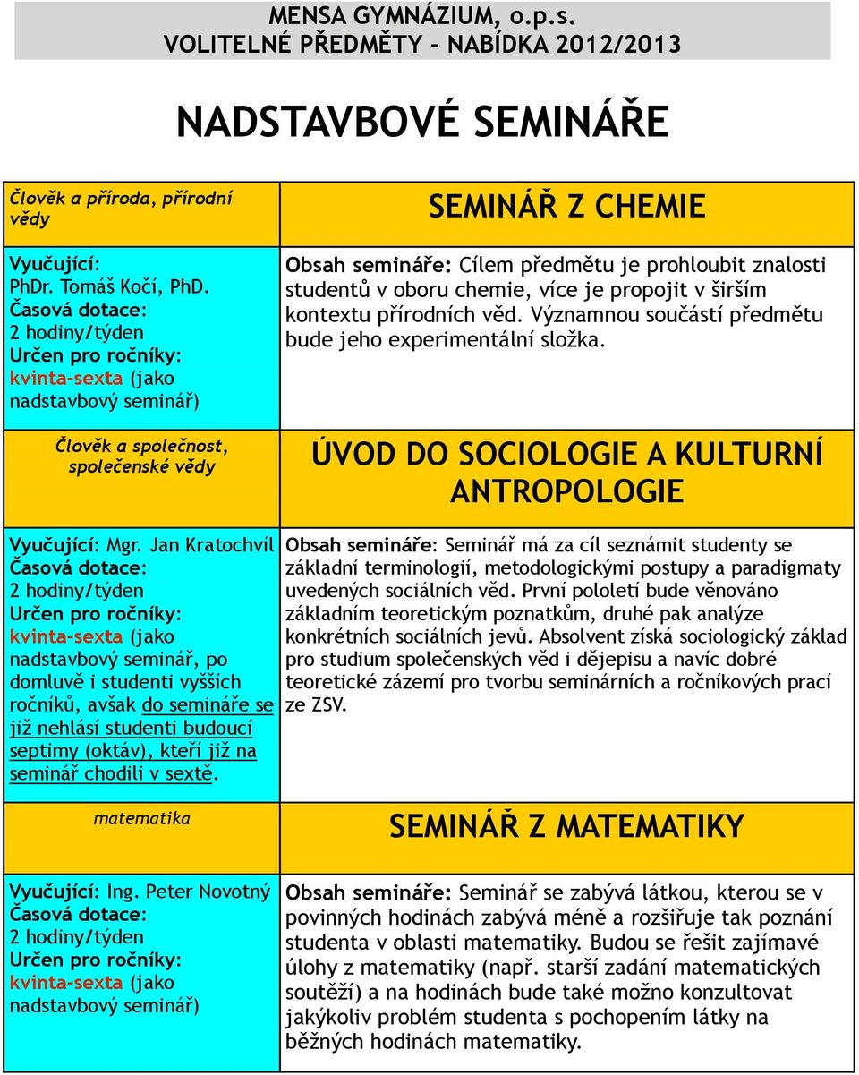 Významnou součástí předmětu bude jeho experimentální složka. ÚVOD DO SOCIOLOGIE A KULTURNÍ ANTROPOLOGIE Vyučující: Mgr.