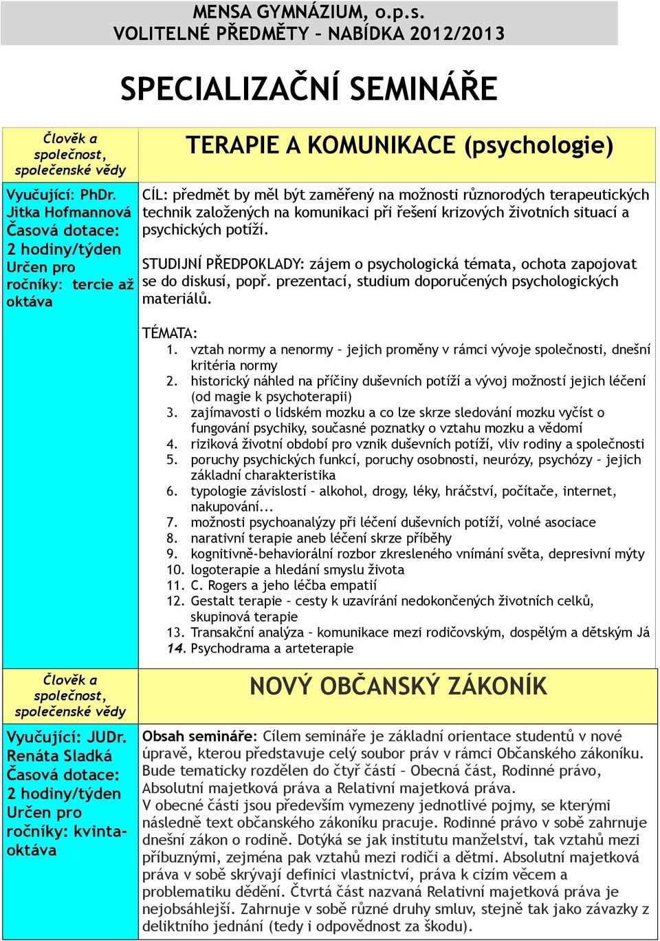 , Vyučující: PhDr. Jitka Hofmannová Určen pro ročníky: tercie až oktáva MENSA GYMNÁZIUM, o.p.s.