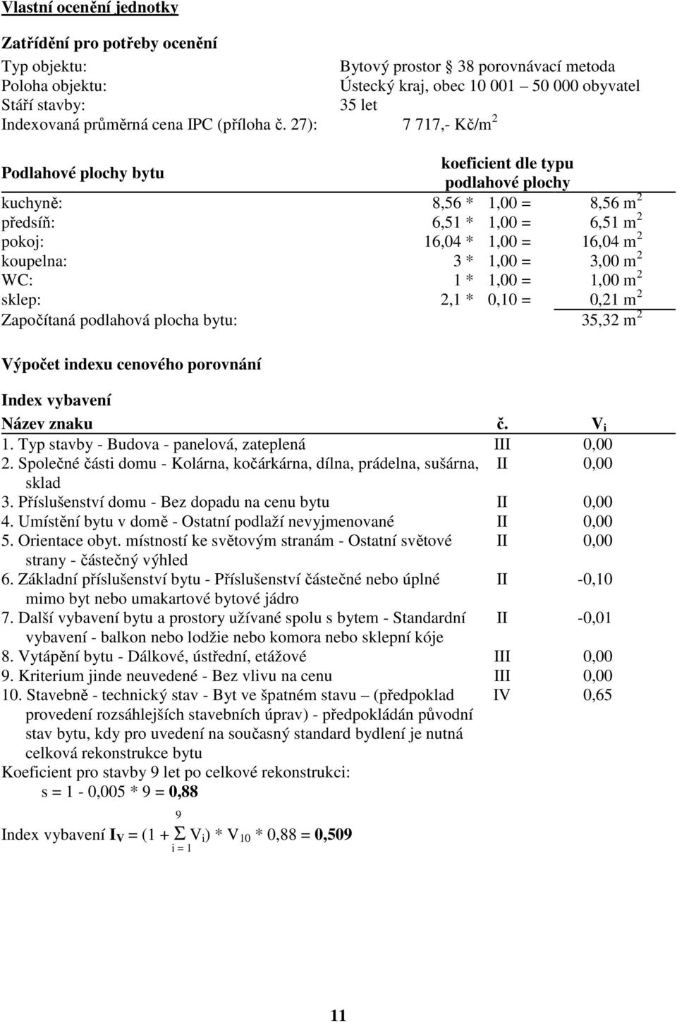 27): 7 717,- Kč/m 2 Podlahové plochy bytu koeficient dle typu podlahové plochy kuchyně: 8,56 * 1,00 = 8,56 m 2 předsíň: 6,51 * 1,00 = 6,51 m 2 pokoj: 16,04 * 1,00 = 16,04 m 2 koupelna: 3 * 1,00 =