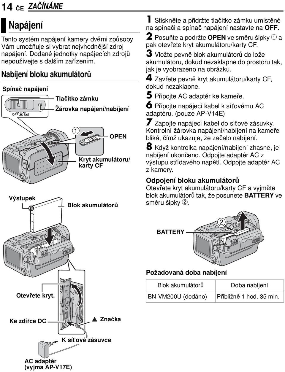 a spínač napájení nastavte na OFF. 2 Posuňte a podržte OPEN ve směru šipky a a pak otevřete kryt akumulátoru/karty CF.