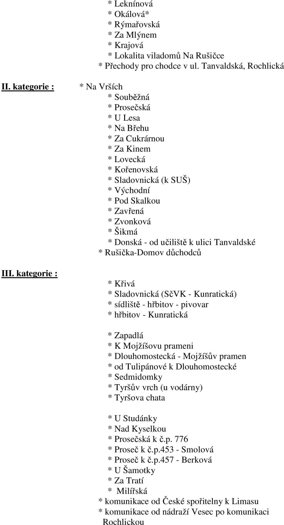 Donská - od učiliště k ulici Tanvaldské * Rušička-Domov důchodců * Křivá * Sladovnická (SčVK - Kunratická) * sídliště - hřbitov - pivovar * hřbitov - Kunratická * Zapadlá * K Mojžíšovu prameni *