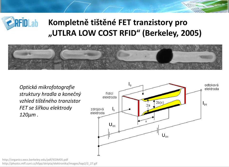 tranzistor FET se šířkou elektrody 120μm. http://organics.eecs.berkeley.