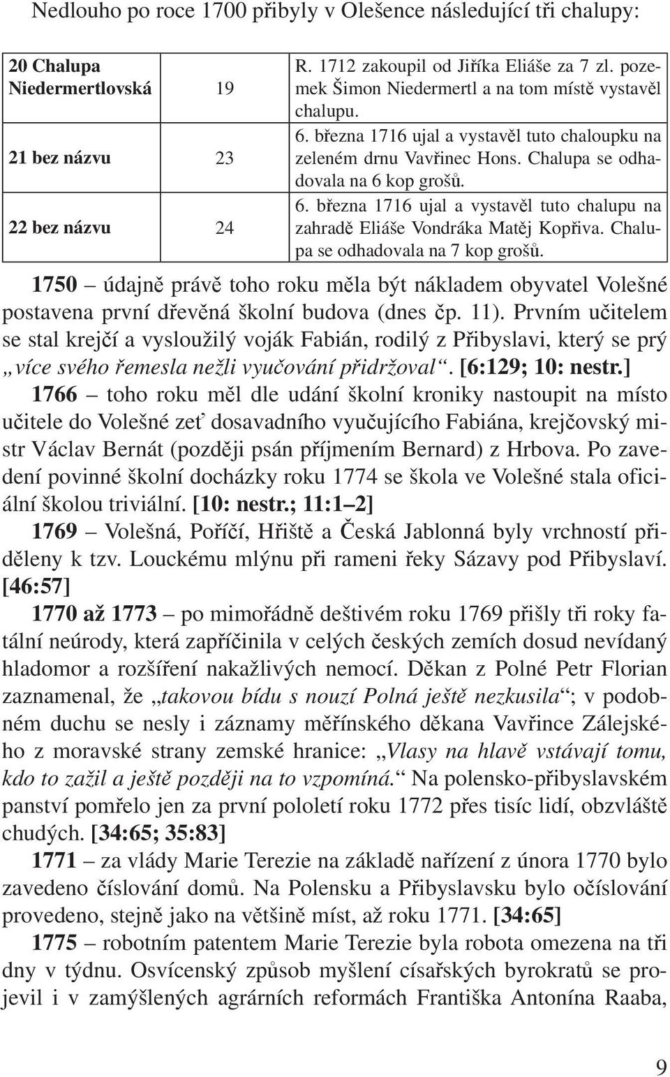 Chalupa se odhadovala na 7 kop grošů. 1750 údajně právě toho roku měla být nákladem obyvatel Volešné postavena první dřevěná školní budova (dnes čp. 11).