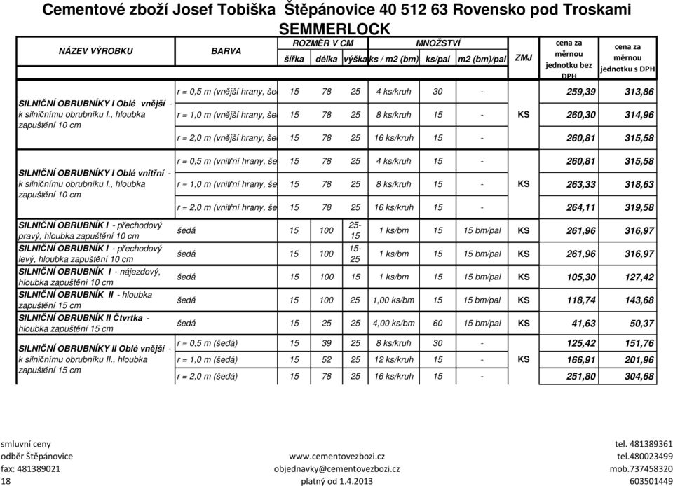 ks/kruh 15-260,81 315,58 SILNIČNÍ OBRUBNÍKY I Oblé vnitřní - k silničnímu obrubníku I.