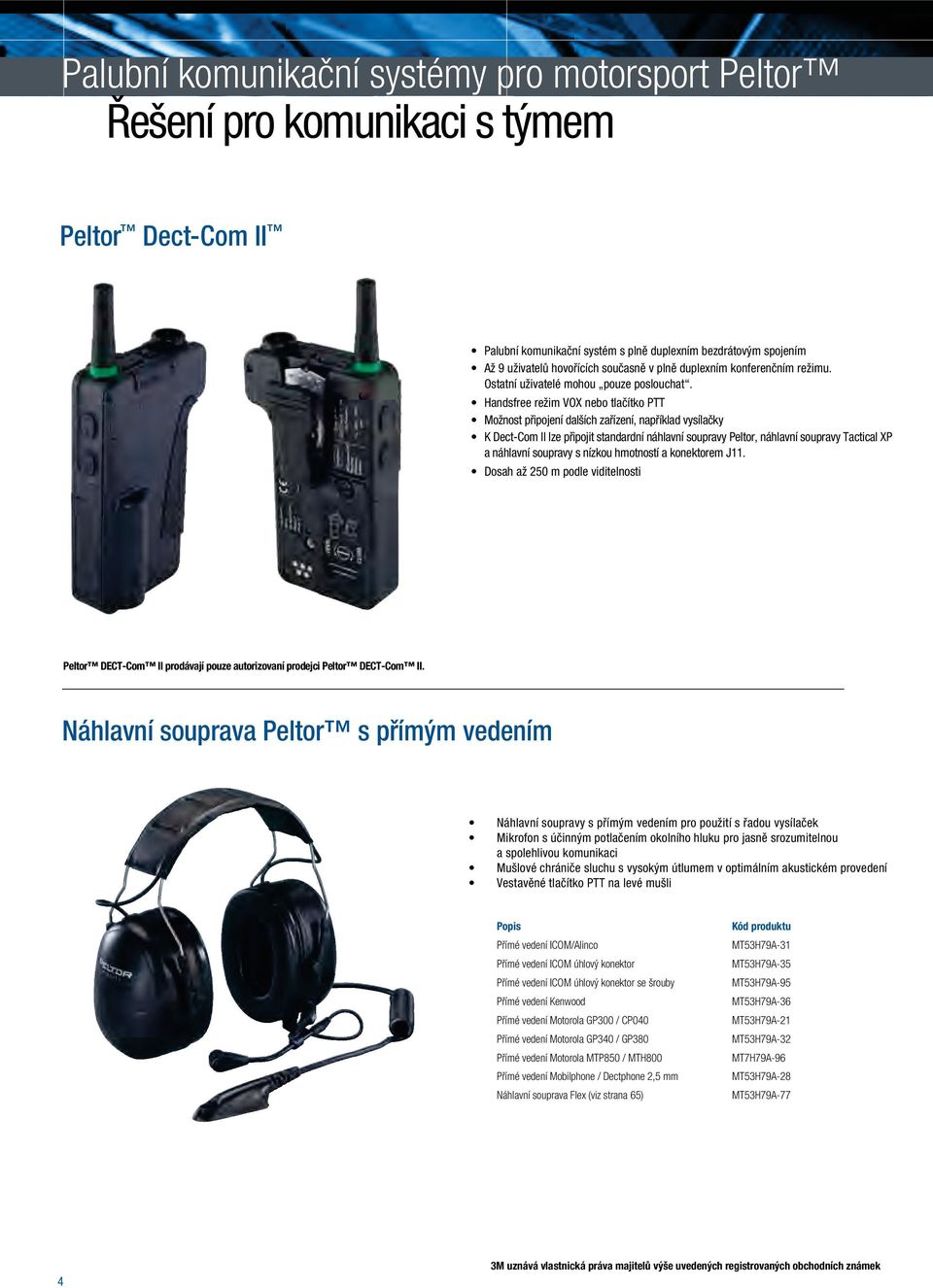 Handsfree režim VOX nebo tlačítko PTT Možnost připojení dalších zařízení, například vysílačky K Dect-Com II lze připojit standardní náhlavní soupravy Peltor, náhlavní soupravy Tactical XP a náhlavní