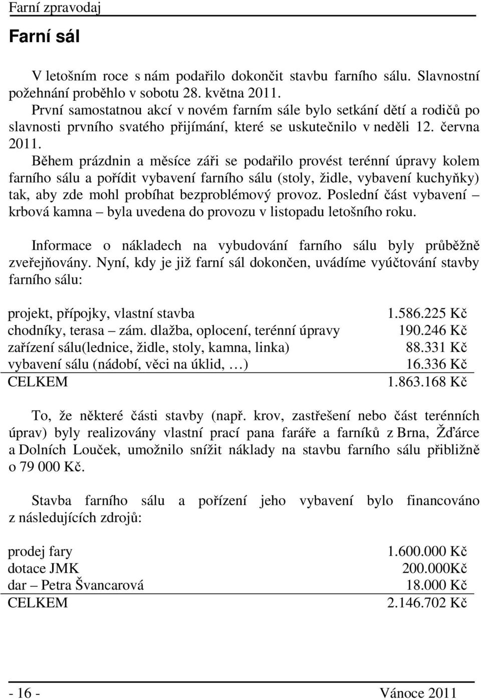 Během prázdnin a měsíce záři se podařilo provést terénní úpravy kolem farního sálu a pořídit vybavení farního sálu (stoly, židle, vybavení kuchyňky) tak, aby zde mohl probíhat bezproblémový provoz.