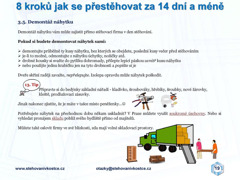 drobné kousky si svaţte do pytlíku dohromady, přilepte lepicí páskou uvnitř kusu nábytku nebo pouţijte jednu krabičku jen na tyto drobnosti a popište si je Dveře skříní raději zavaţte, nepřelepujte.