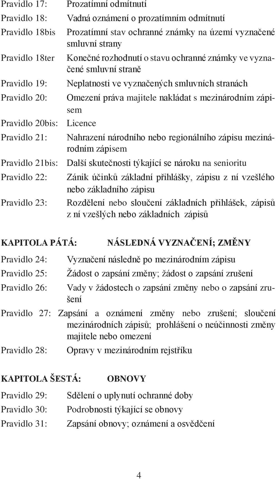 20bis: Licence Pravidlo 21: Nahrazení národního nebo regionálního zápisu mezinárodním zápisem Pravidlo 21bis: Další skutečnosti týkající se nároku na senioritu Pravidlo 22: Pravidlo 23: Zánik účinků