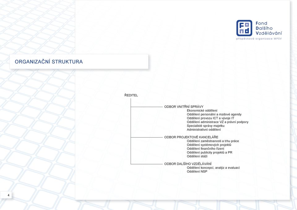 Odbor projektové kanceláře Oddělení zaměstnanosti a trhu práce Oddělení systémových projektů Oddělení finančního řízení