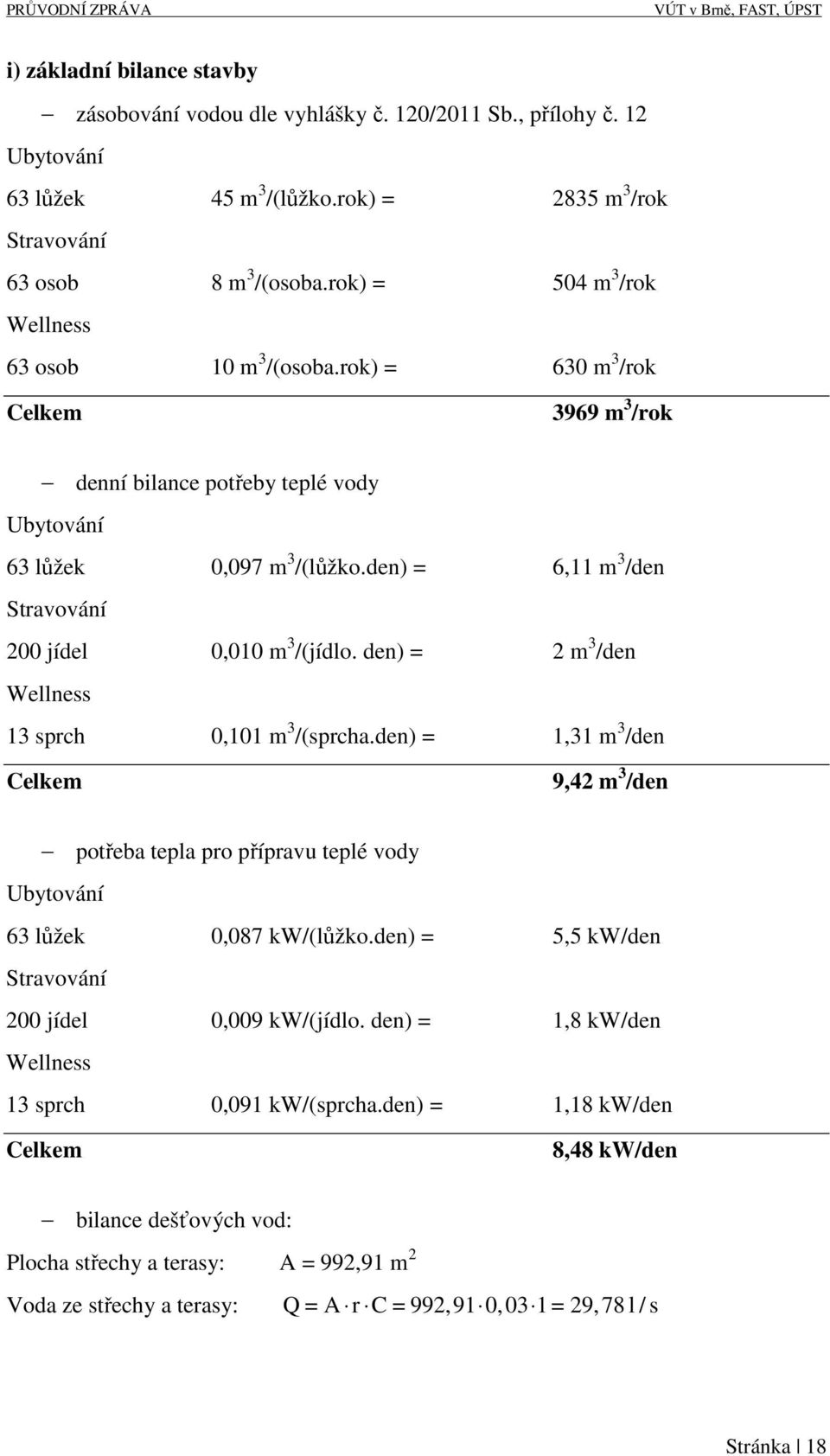 den) = 6,11 m 3 /den Stravování 200 jídel 0,010 m 3 /(jídlo. den) = 2 m 3 /den Wellness 13 sprch 0,101 m 3 /(sprcha.