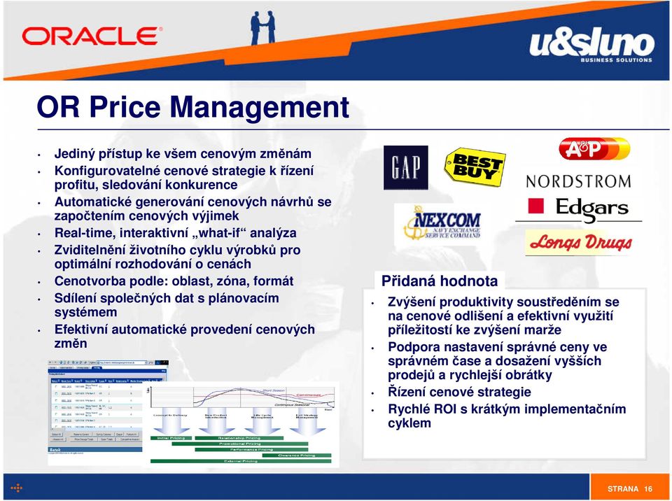 společných dat s plánovacím systémem Efektivní automatické provedení cenových změn Přidaná hodnota Zvýšení produktivity soustředěním se na cenové odlišení a efektivní využití