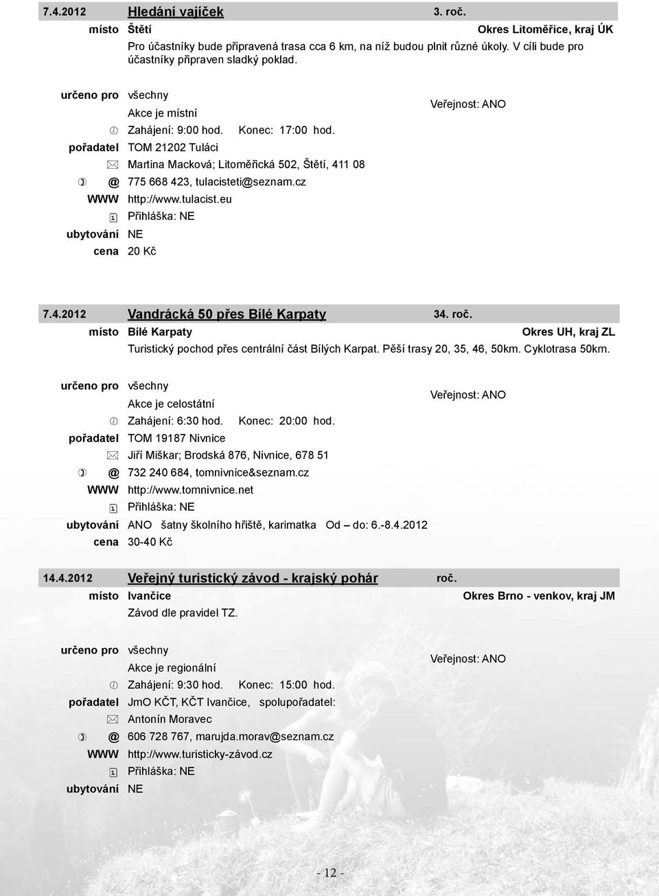4.2012 Vandrácká 50 přes Bílé Karpaty 34. roč. místo Bílé Karpaty Okres UH, kraj ZL Turistický pochod přes centrální část Bílých Karpat. Pěší trasy 20, 35, 46, 50km. Cyklotrasa 50km.