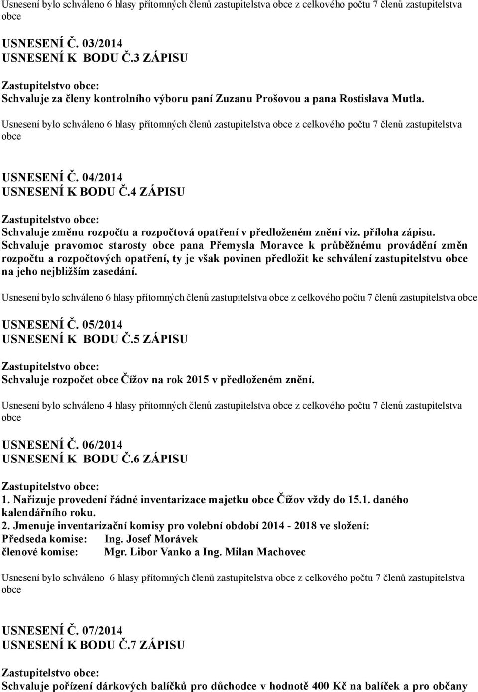 Usnesení bylo schváleno 6 hlasy přítomných členů zastupitelstva z celkového počtu 7 členů zastupitelstva USNESENÍ Č. 04/2014 USNESENÍ K BODU Č.