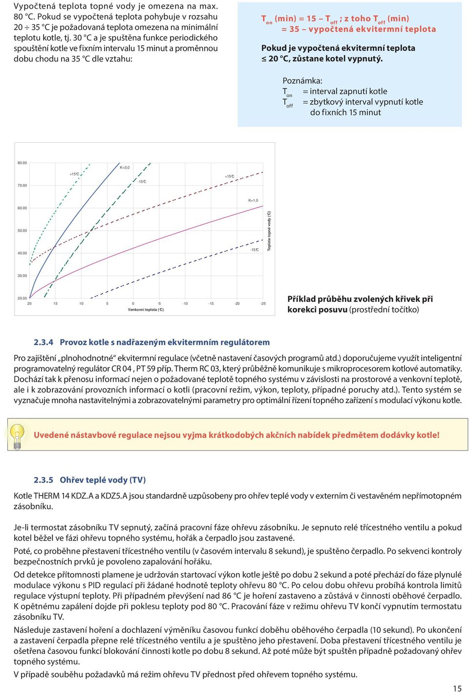 teplota Pokud je vypočtená ekvitermní teplota 20 C, zůstane kotel vypnutý. Poznámka: T on = interval zapnutí kotle T off = zbytkový interval vypnutí kotle do fixních 15 minut 80.00 K=3,0 70.