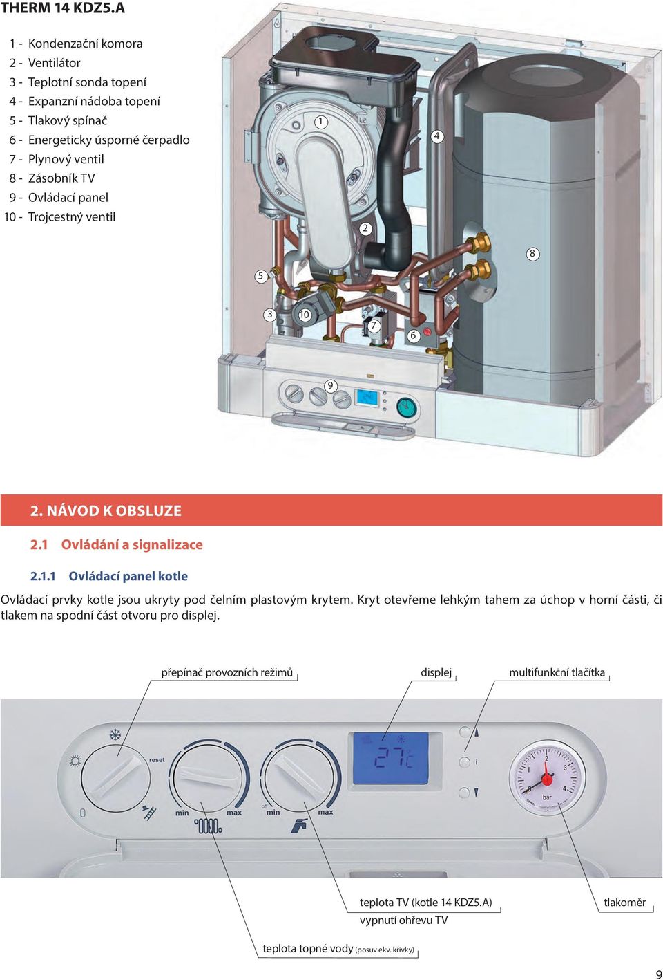 ventil 8 - Zásobník TV 9 - Ovládací panel 10 - Trojcestný ventil 2 8 5 3 10 7 6 9 2. NáVOD k obsluze 2.1 Ovládání a signalizace 2.1.1 Ovládací panel kotle Ovládací prvky kotle jsou ukryty pod čelním plastovým krytem.