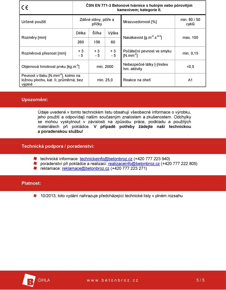 m -3 ] min. 2000 Pevnost v tlaku [N.mm -2 ], kolmo na ložnou plochu, kat. II, průměrná, bez výplně Nebezpečné látky [-]/index hm. aktivity <0,5 min.