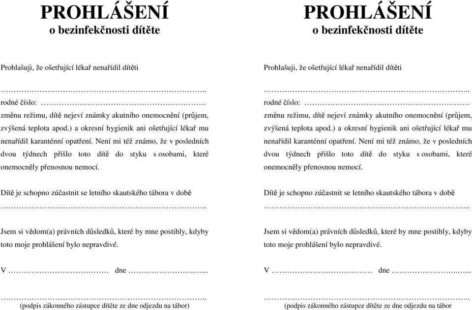 Není mi též známo, že v posledních dvou týdnech přišlo toto dítě do styku s osobami, které onemocněly přenosnou nemocí. Prohlašuji, že ošetřující lékař nenařídil dítěti rodné číslo:.