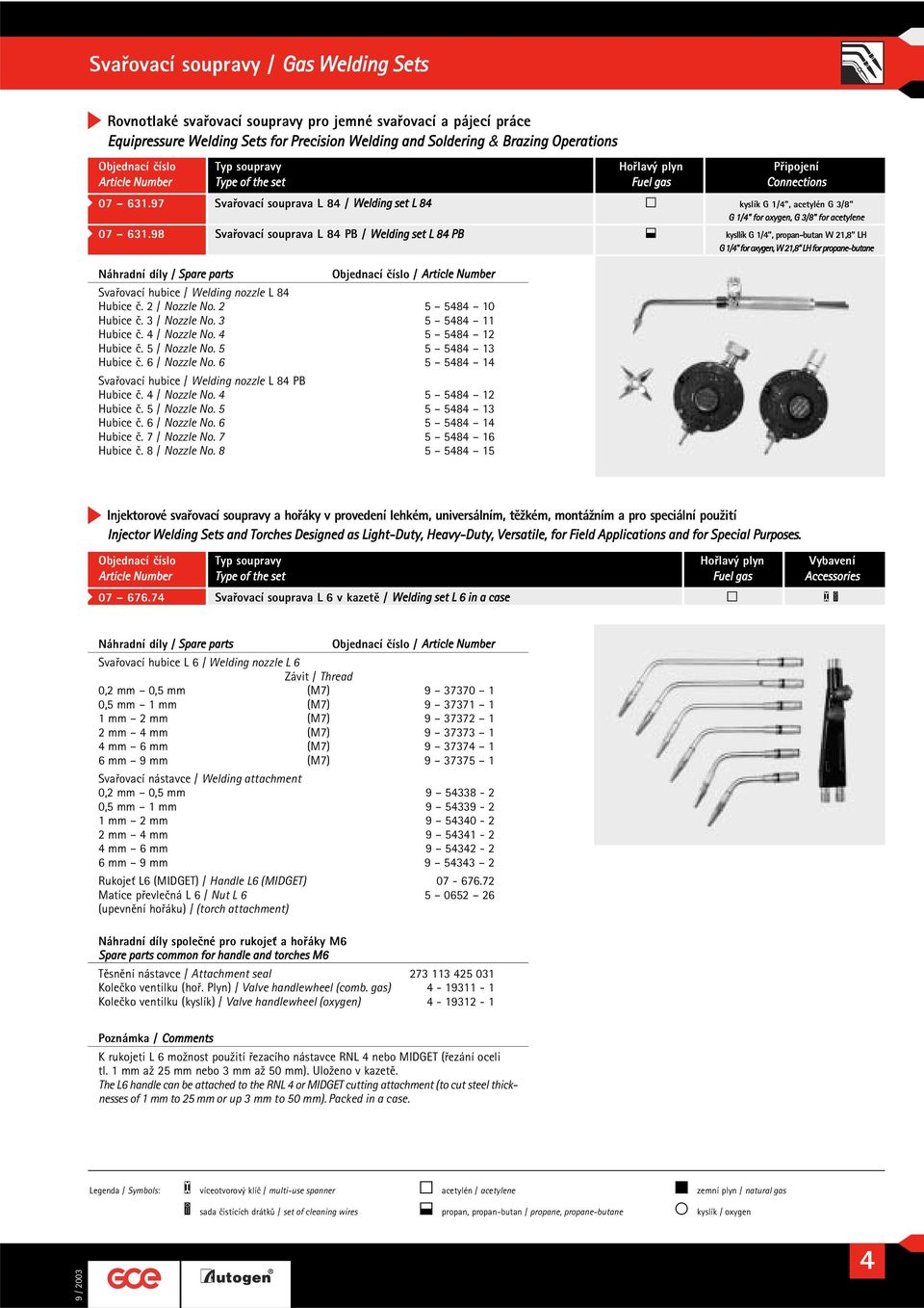 98 Svařovací souprava L 8 PB / Welding set L 8 PB L kysllík G 1/, propan-butan W 21,8 LH G 1/" for oxygen, W 21,8" LH for propane-butane Svařovací hubice / Welding nozzle L 8 Hubice č. 2 / Nozzle No.