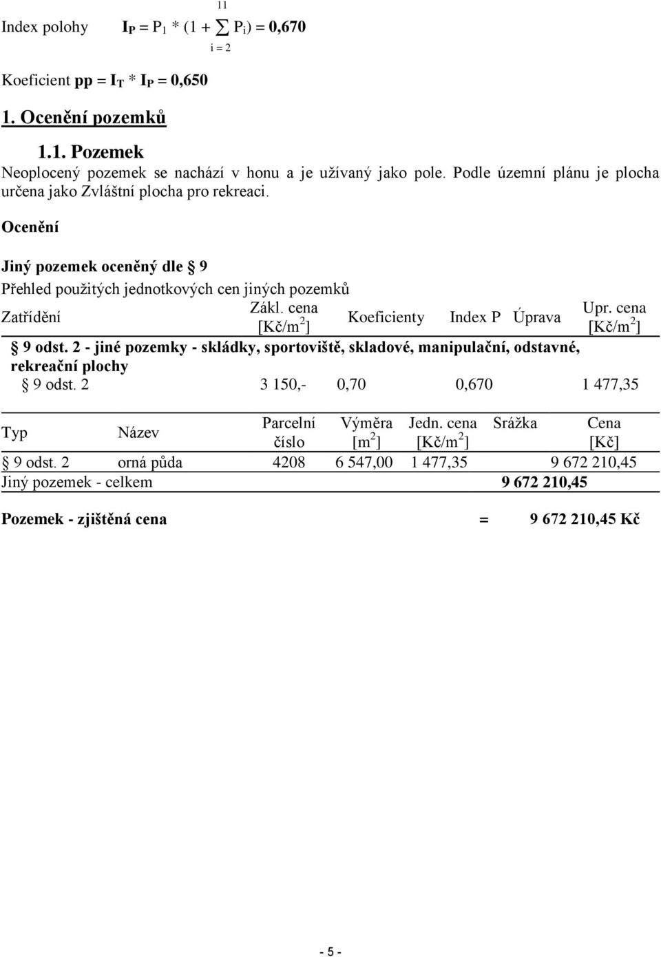 cena Zatřídění [Kč/m 2 Koeficienty Index P Úprava ] [Kč/m 2 ] 9 odst. 2 - jiné pozemky - skládky, sportoviště, skladové, manipulační, odstavné, rekreační plochy 9 odst.