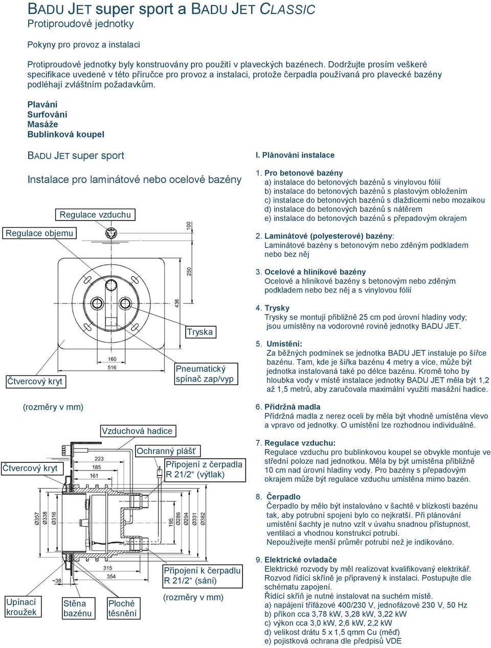 Plavání Surfování Masáže Bublinková koupel BADU JET super sport Instalace pro laminátové nebo ocelové bazény Regulace vzduchu Regulace objemu I. Plánování instalace 1.