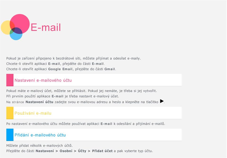 Při prvním použití aplikace E-mail je třeba nastavit e-mailový účet. Na stránce Nastavení účtu zadejte svou e-mailovou adresu a heslo a klepněte na tlačítko.