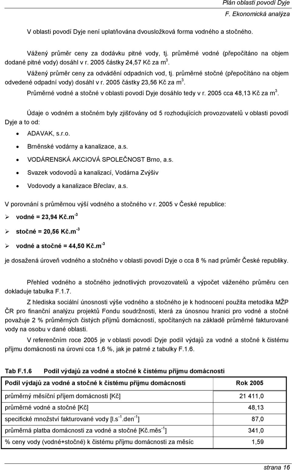 průměrné stočné (přepočítáno na objem odvedené odpadní vody) dosáhl v r. 2005 částky 23,56 Kč za m 3. Průměrné vodné a stočné v oblasti povodí Dyje dosáhlo tedy v r. 2005 cca 48,13 Kč za m 3.