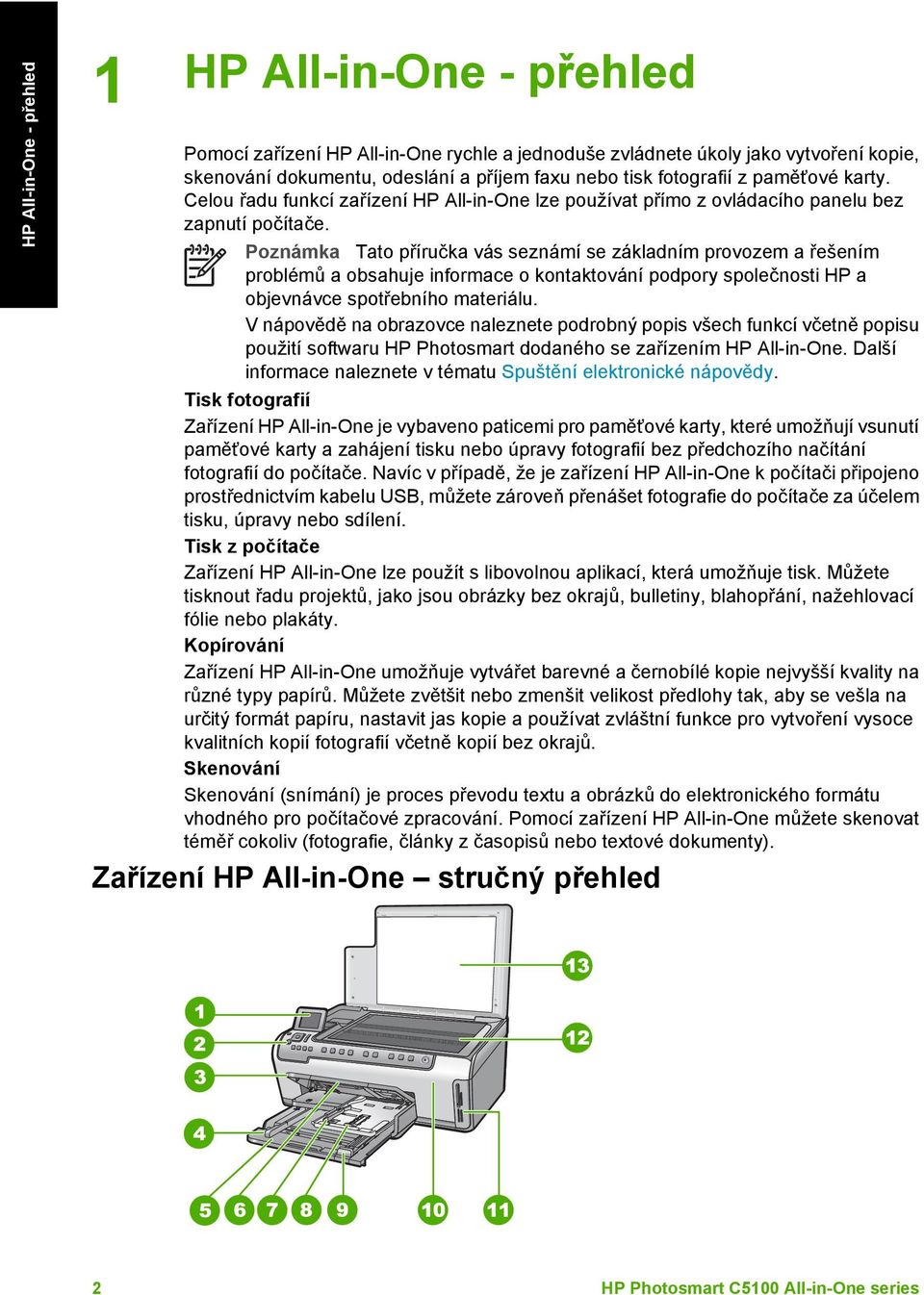 Poznámka Tato příručka vás seznámí se základním provozem a řešením problémů a obsahuje informace o kontaktování podpory společnosti HP a objevnávce spotřebního materiálu.