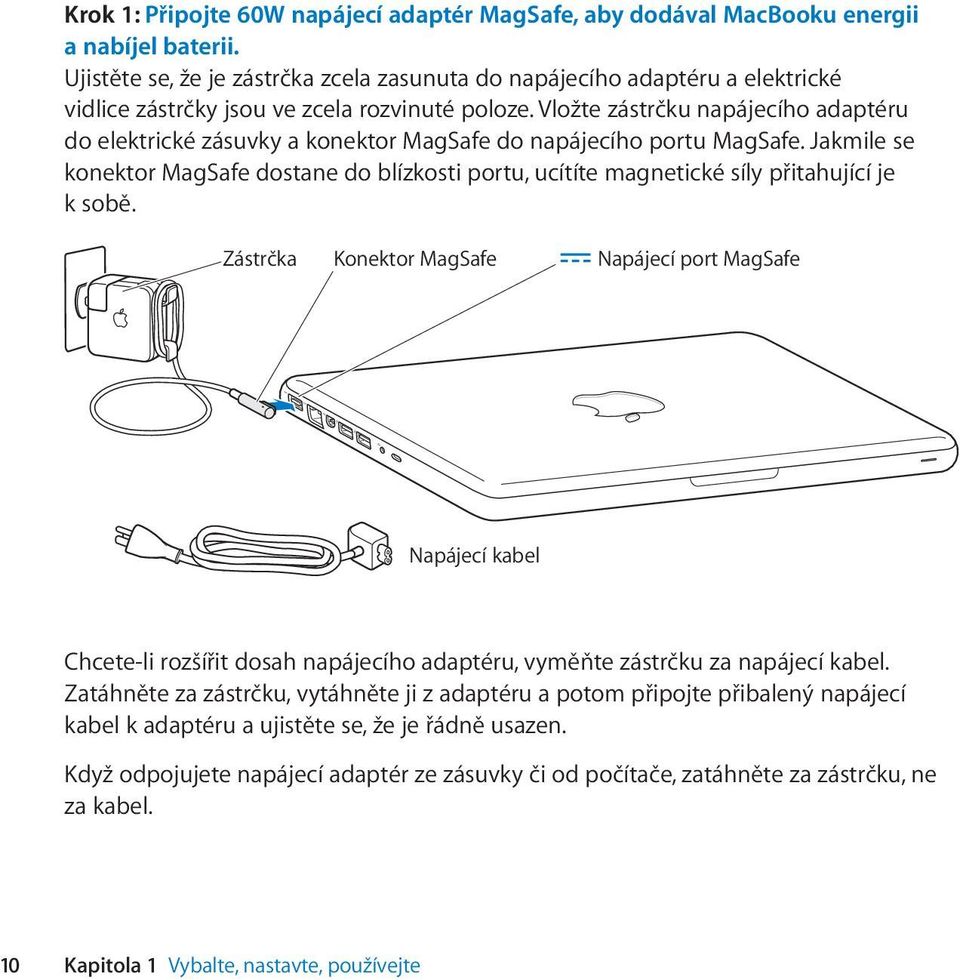 Vložte zástrčku napájecího adaptéru do elektrické zásuvky a konektor MagSafe do napájecího portu MagSafe.