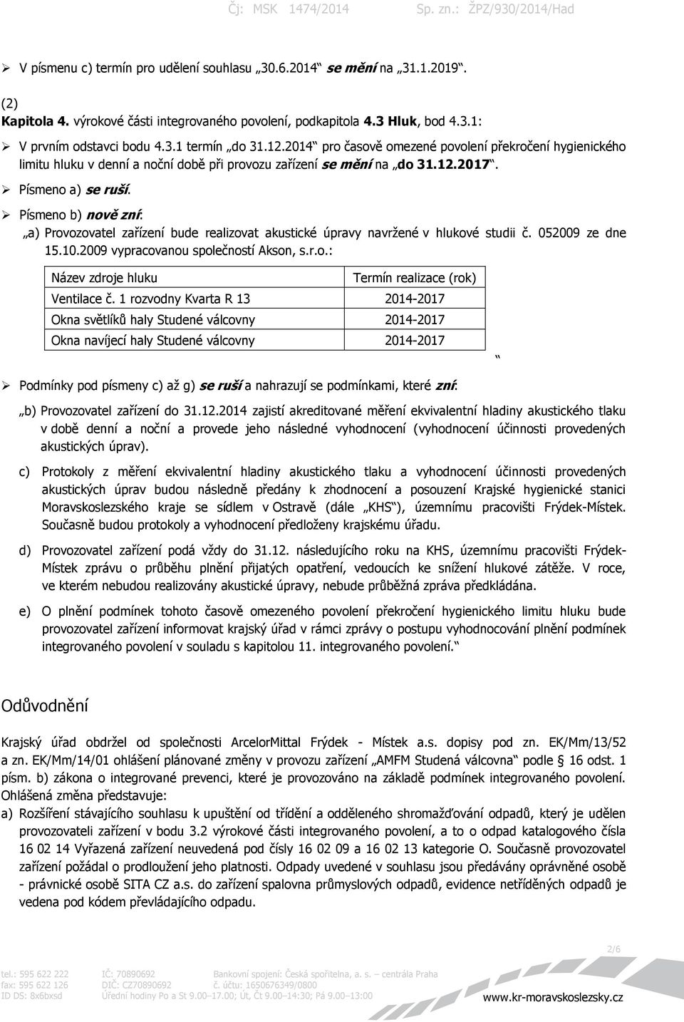 Písmeno b) nově zní: a) Provozovatel zařízení bude realizovat akustické úpravy navržené v hlukové studii č. 052009 ze dne 15.10.2009 vypracovanou společností Akson, s.r.o.: Název zdroje hluku Termín realizace (rok) Ventilace č.