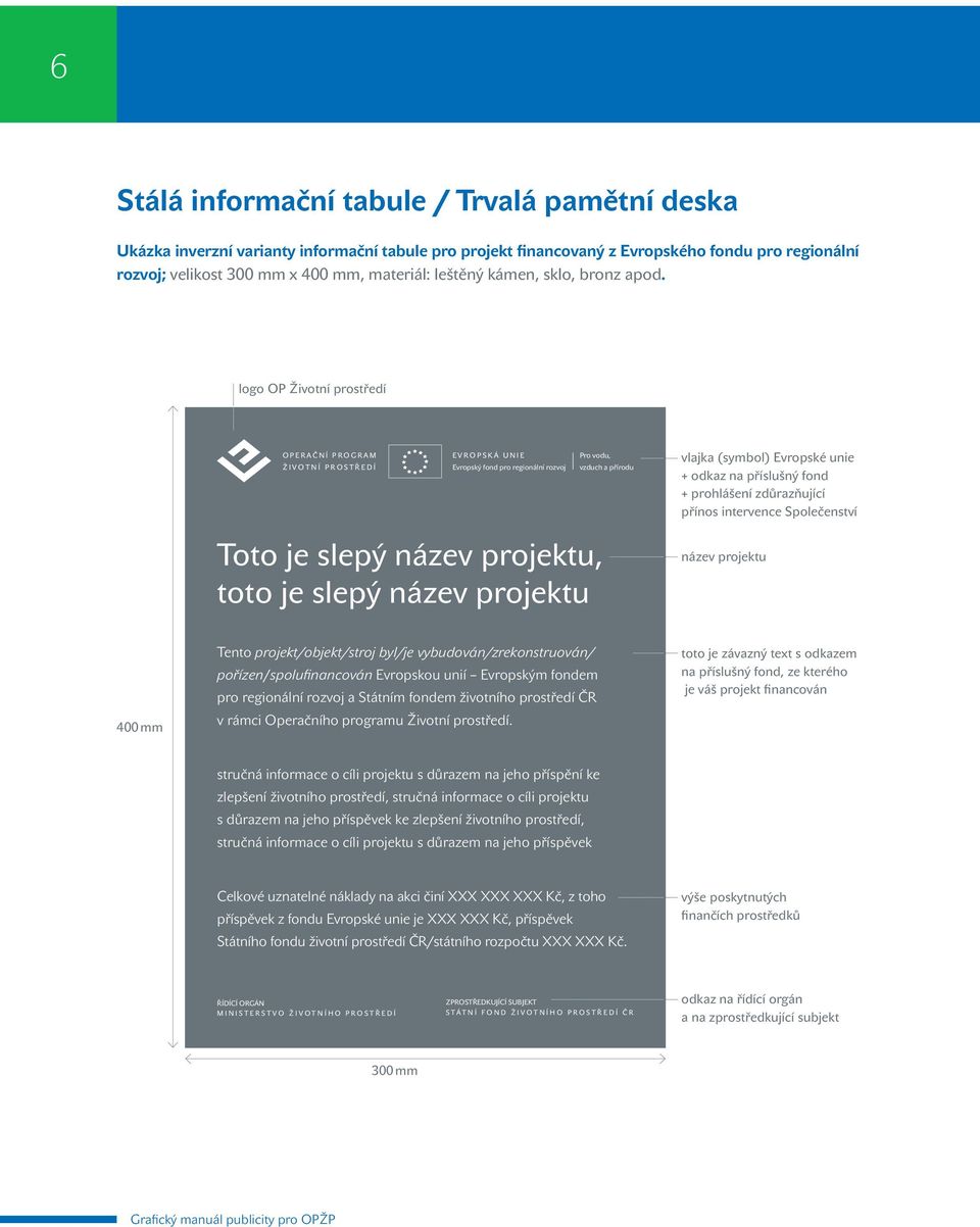 logo OP Životní prostředí vlajka (symbol) Evropské unie + odkaz na příslušný fond + prohlášení zdůrazňující přínos intervence Společenství Toto je slepý název projektu, toto je slepý název projektu