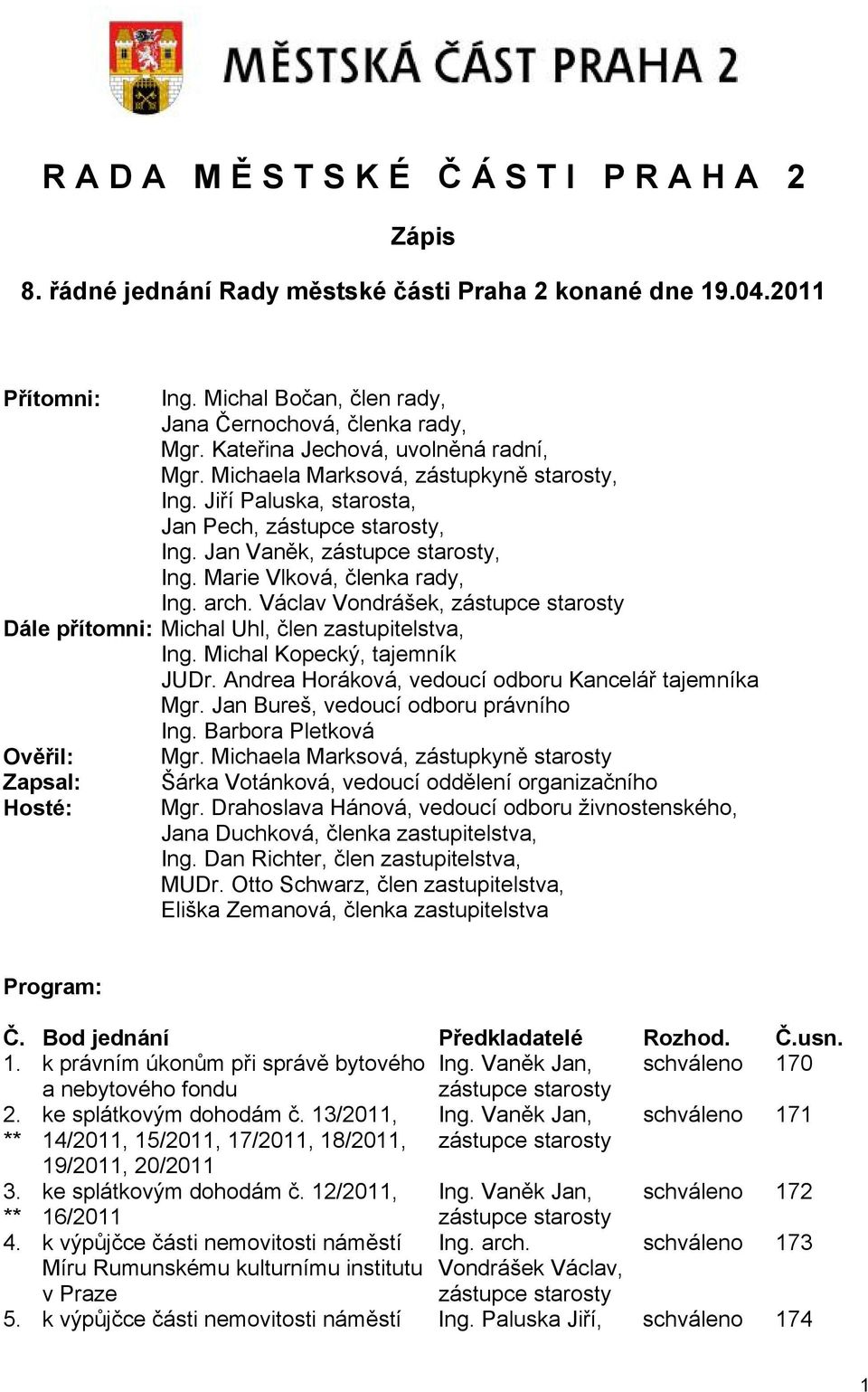 Václav Vondrášek, zástupce starosty Dále přítomni: Michal Uhl, člen zastupitelstva, Ing. Michal Kopecký, tajemník JUDr. Andrea Horáková, vedoucí odboru Kancelář tajemníka Mgr.