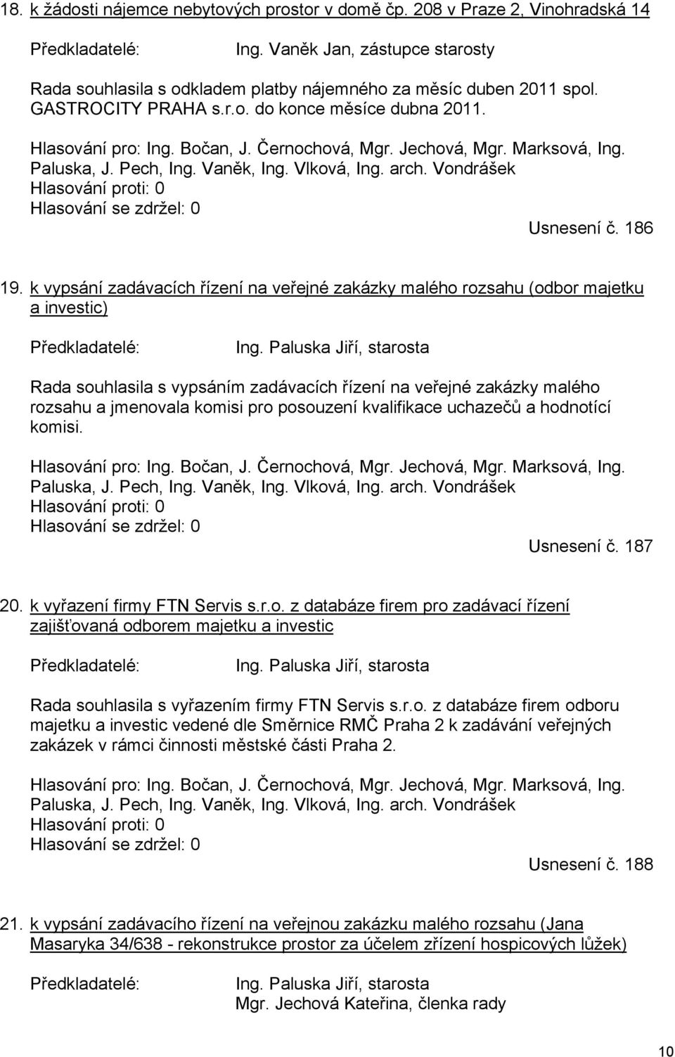 Vondrášek Usnesení č. 186 19. k vypsání zadávacích řízení na veřejné zakázky malého rozsahu (odbor majetku a investic) Ing.