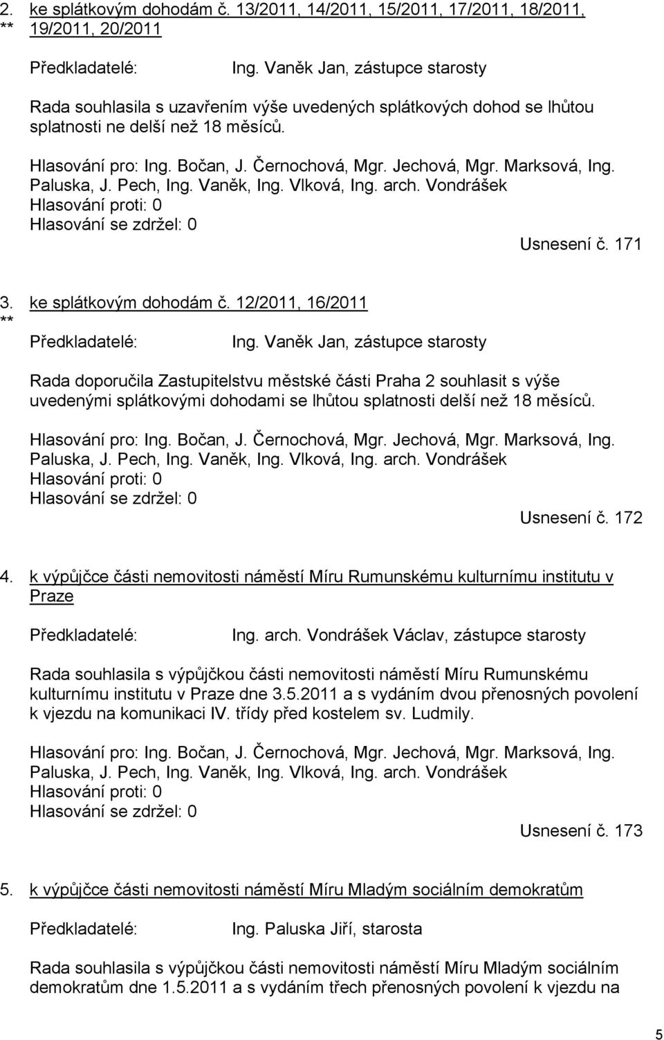 Marksová, Ing. Paluska, J. Pech, Ing. Vaněk, Ing. Vlková, Ing. arch. Vondrášek Usnesení č. 171 3. ** ke splátkovým dohodám č. 12/2011, 16/2011 Ing.