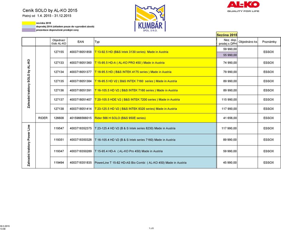 5 HD (B&S Inte 3130 series) Mde in Austri 59 990,00 55 990,00 ESSOX 127133 4003718051360 T 15-95.5 HD-A ( AL-KO PRO 450 ) Mde in Austri 74 990,00 ESSOX 127134 4003718051377 T 18-95.