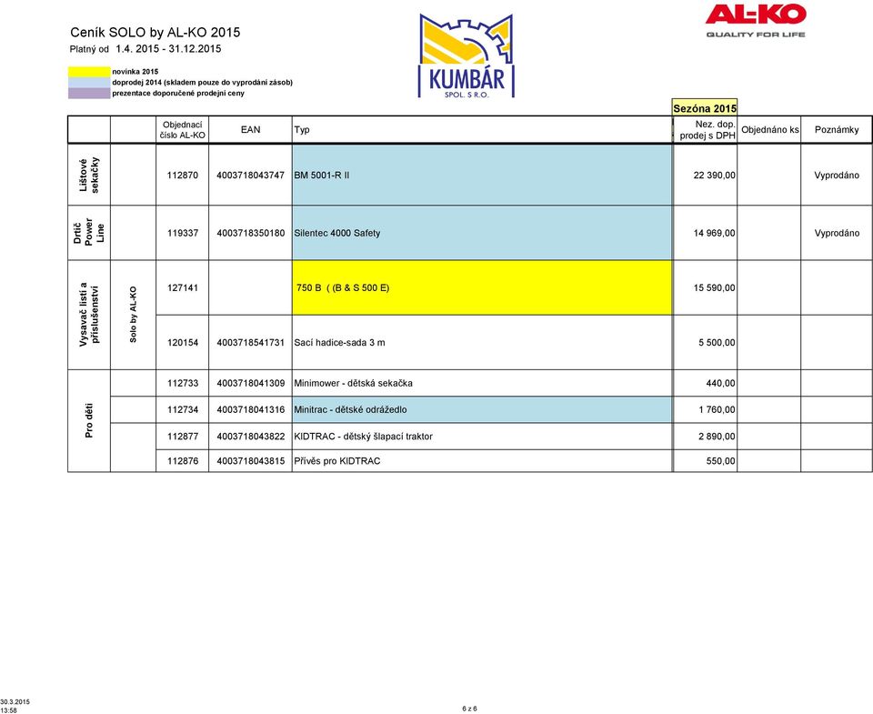 Vyprodáno 119337 4003718350180 Silentec 4000 Sfety 14 969,00 Vyprodáno 127141 750 B ( (B & S 500 E) 15 590,00 120154 4003718541731 Scí hdice-sd 3 m 5 500,00 112733 4003718041309 Minimower - dětsá seč