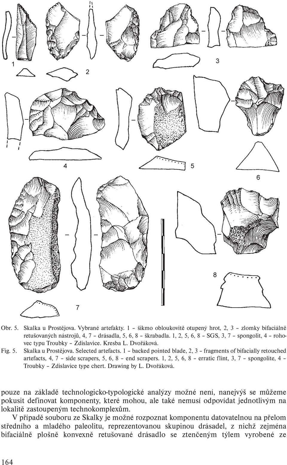 1 backed pointed blade, 2, 3 fragments of bifacially retouched artefacts, 4, 7 side scrapers, 5, 6, 8 end scrapers. 1, 2, 5, 6, 8 erratic flint, 3, 7 spongolite, 4 Troub ky Zdislavice type chert.