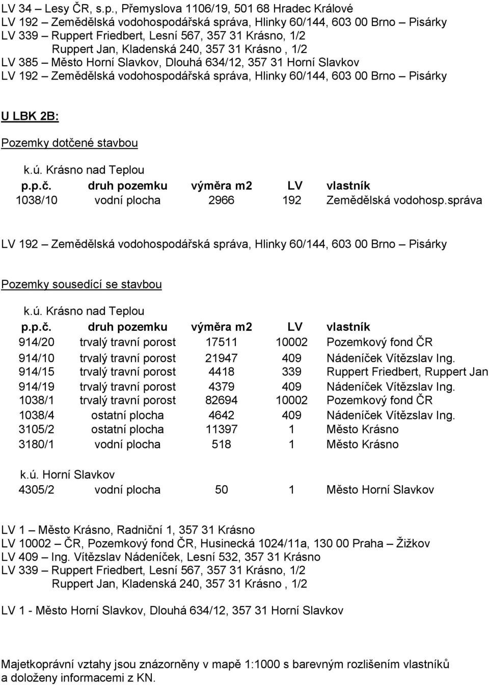 240, 357 31 Krásno, 1/2 LV 385 Město Horní Slavkov, Dlouhá 634/12, 357 31 Horní Slavkov LV 192 Zemědělská vodohospodářská správa, Hlinky 60/144, 603 00 Brno Pisárky U LBK 2B: Pozemky dotčené stavbou