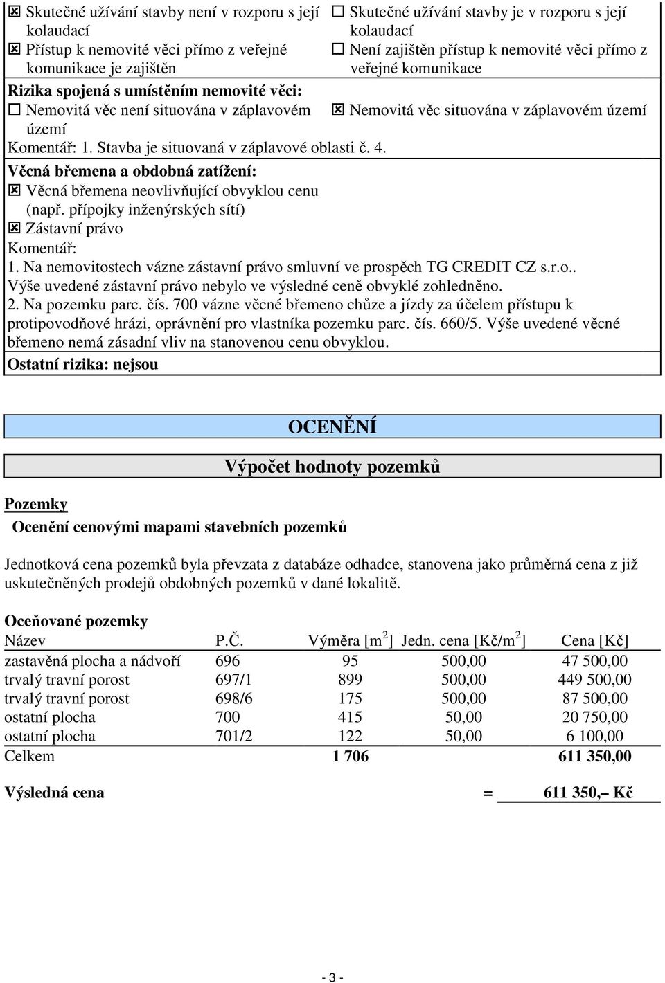 Stavba je situovaná v záplavové oblasti č. 4. Věcná břemena a obdobná zatížení: Věcná břemena neovlivňující obvyklou cenu (např. přípojky inženýrských sítí) Zástavní právo Komentář: 1.