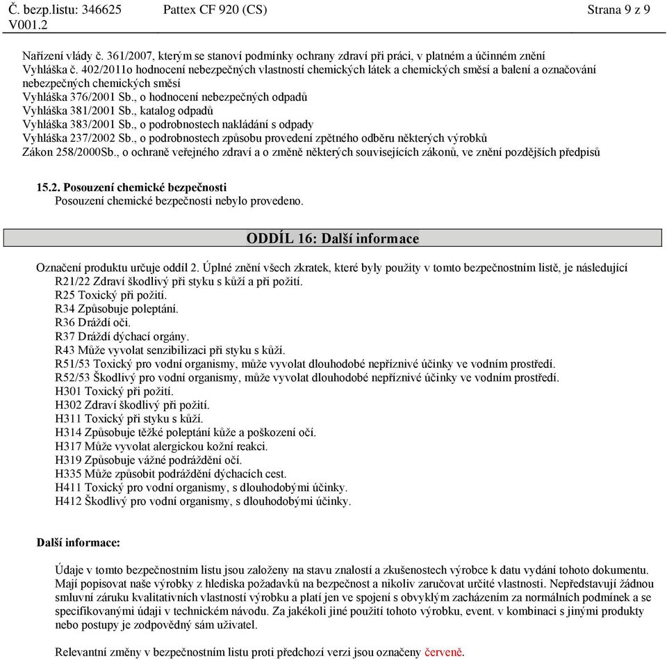 , o hodnocení nebezpečných odpadů Vyhláška 381/2001 Sb., katalog odpadů Vyhláška 383/2001 Sb., o podrobnostech nakládání s odpady Vyhláška 237/2002 Sb.