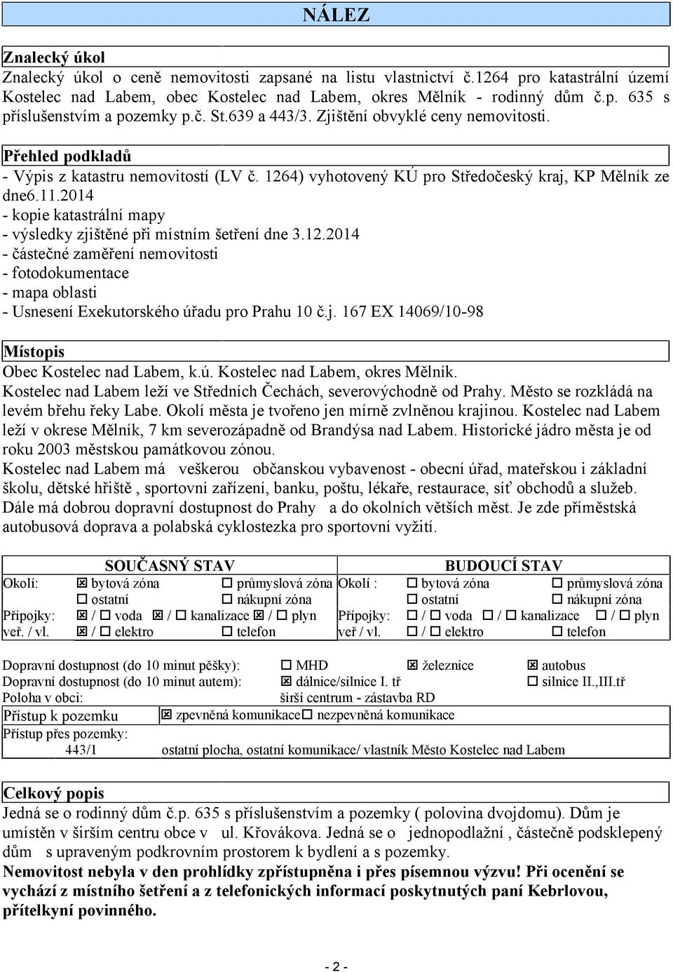 2014 - kopie katastrální mapy - výsledky zjištěné při místním šetření dne 3.12.2014 - částečné zaměření nemovitosti - fotodokumentace - mapa oblasti - Usnesení Exekutorského úřadu pro Prahu 10 č.j. 167 EX 14069/10-98 Místopis Obec Kostelec nad Labem, k.