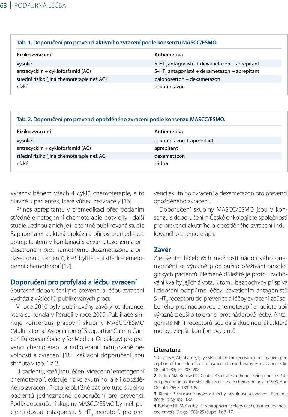 palonosetron + dexametazon dexametazon Tab. 2. Doporučení pro prevenci opožděného zvracení podle konsenzu MASCC/ESMO.