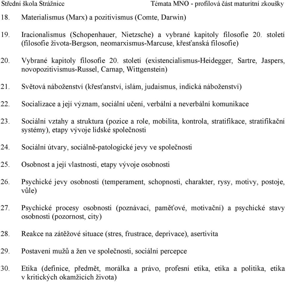 století (existencialismus-heidegger, Sartre, Jaspers, novopozitivismus-russel, Carnap, Wittgenstein) 21. Světová náboženství (křesťanství, islám, judaismus, indická náboženství) 22.