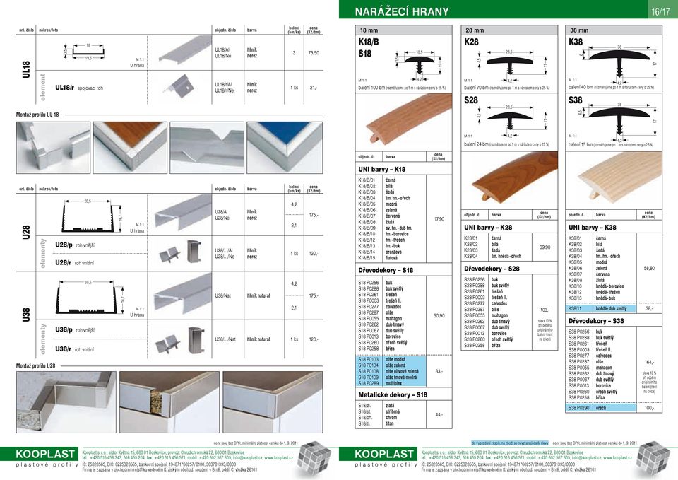 UNI barvy K18 U28 U8 Montáž profi lu U28 28,5 U28/p roh vnější U28/r roh vnitřní 8,5 U8/p roh vnější U8/r roh vnitřní 16,7 16,7 U hrana U hrana U28/Al U28/Ne U28/ /Al U28/ /Ne U8/Nat,2 2,1 175,-,2