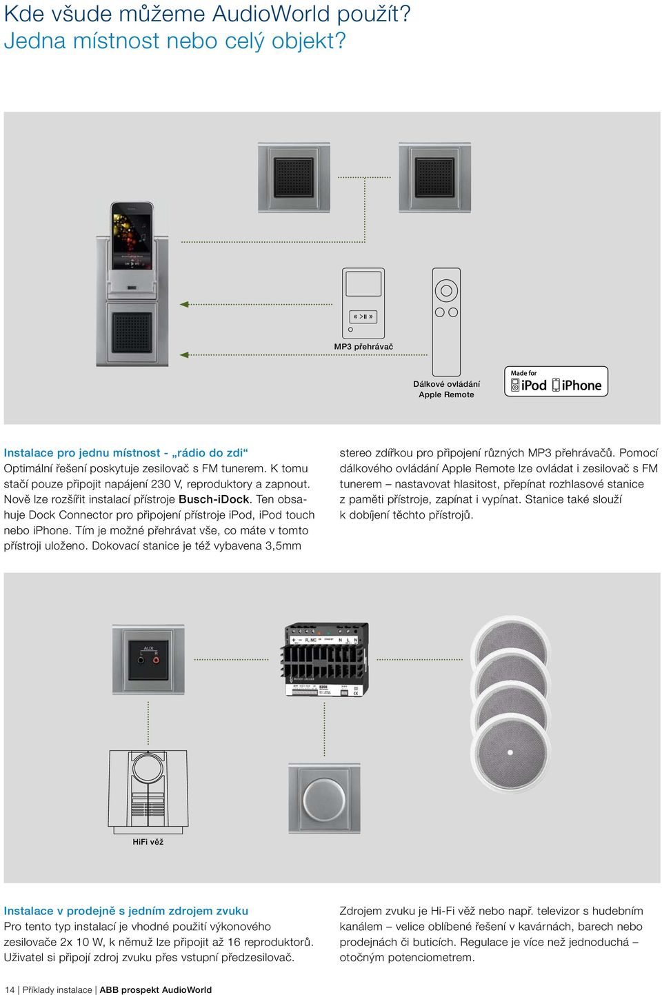 K tomu stačí pouze připojit napájení 230 V, reproduktory a zapnout. Nově lze rozšířit instalací přístroje Busch-iDock. Ten obsahuje Dock Connector pro připojení přístroje ipod, ipod touch nebo iphone.