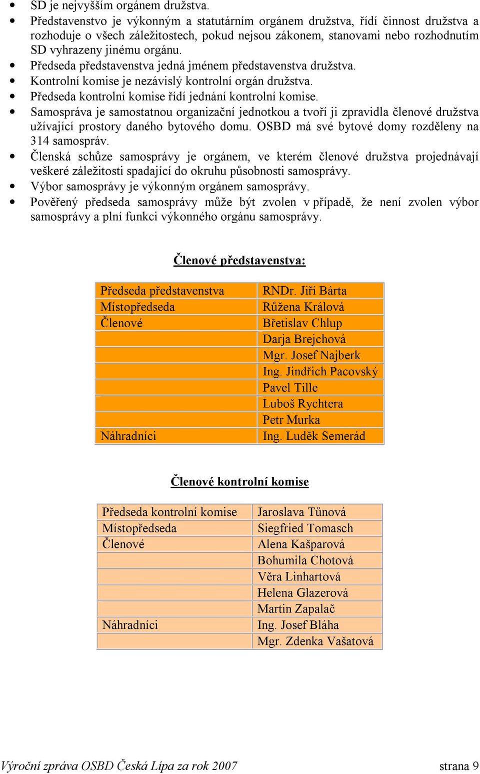 Předseda představenstva jedná jménem představenstva družstva. Kontrolní komise je nezávislý kontrolní orgán družstva. Předseda kontrolní komise řídí jednání kontrolní komise.