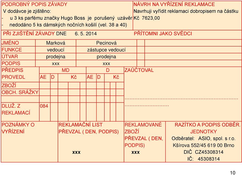 ks dámských nočních košilí (vel. 38 a 40) PŘI ZJIŠTĚNÍ ZÁVADY DNE 6. 5.