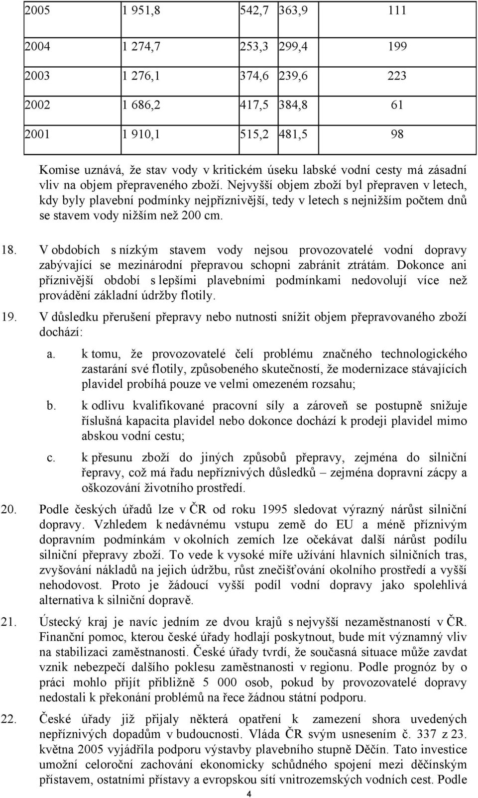 Nejvyšší objem zboží byl přepraven v letech, kdy byly plavební podmínky nejpříznivější, tedy v letech s nejnižším počtem dnů se stavem vody nižším než 200 cm. 18.