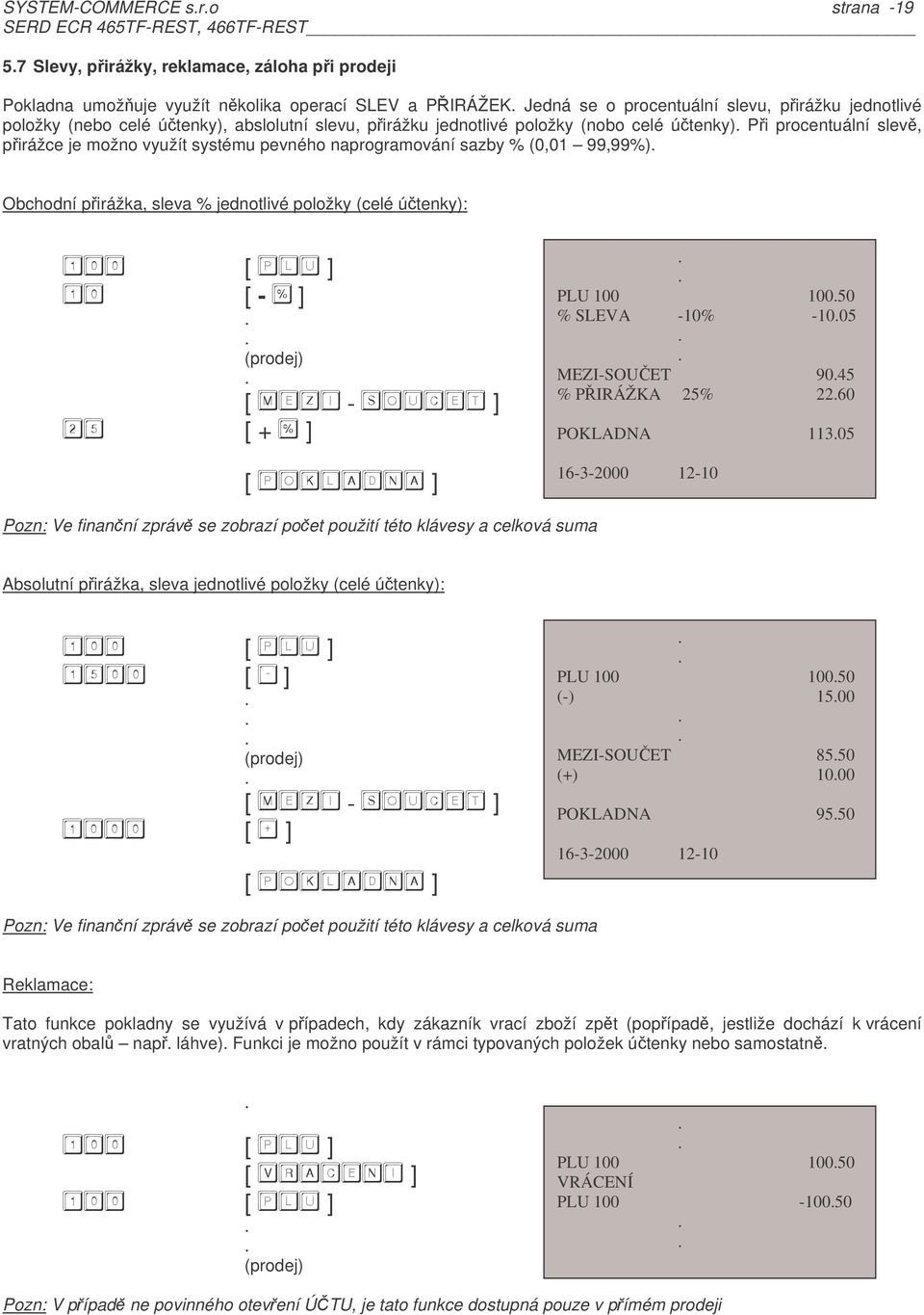 sleva % jednotlivé položky (celé útenky): [ - & ] (prodej) [ - ] [ + & ] PLU 100 10050 % SLEVA -10% -1005 MEZI-SOUET 9045 % PIRÁŽKA 25% 2260 POKLADNA 11305 16-3-2000 12-10 Pozn: Ve finanní zpráv se