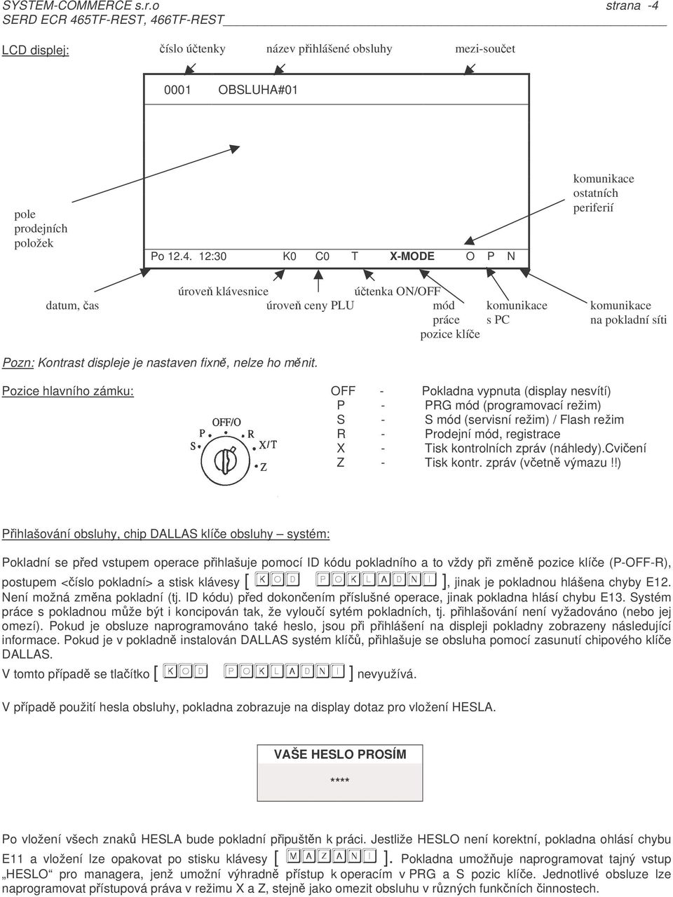 zámku: OFF - Pokladna vypnuta (display nesvítí) P - PRG mód (programovací režim) S - S mód (servisní režim) / Flash režim R - Prodejní mód, registrace X - Tisk kontrolních zpráv (náhledy)cviení Z -